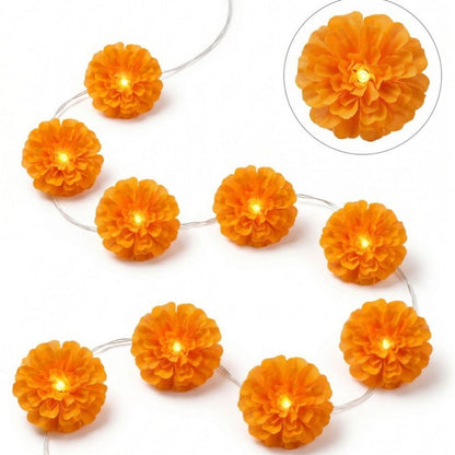 LED Orange Marigold String Lights | Halloween Decoration | 1.5m 10 Lights Battery Operated (Steady On, Warm Orange)