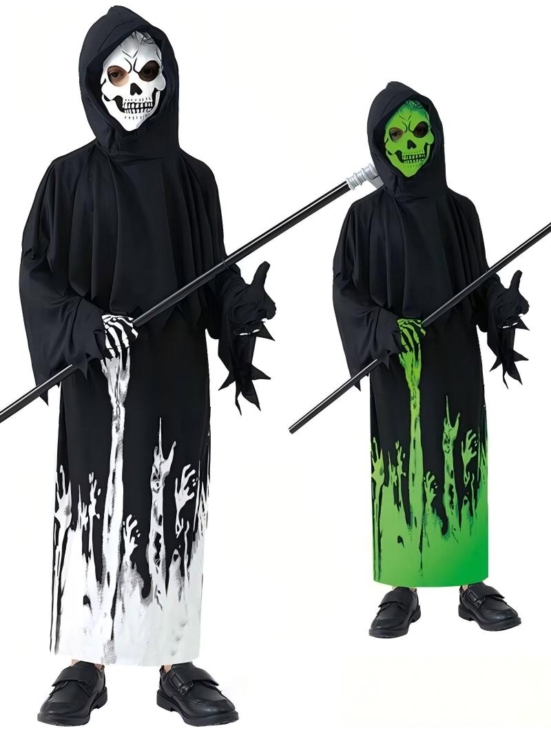 Skeleton Bodysuit Costume – Glow in the Dark Grim Reaper Halloween Cosplay Jumpsuit for Adults & Kids (100cm to 180cm, with/without Scythe, Female Dress Version)