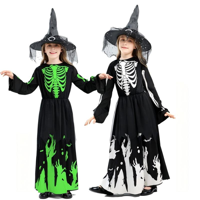 Skeleton Bodysuit Costume – Glow in the Dark Grim Reaper Halloween Cosplay Jumpsuit for Adults & Kids (100cm to 180cm, with/without Scythe, Female Dress Version)