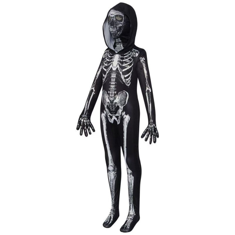 Skeleton Bodysuit Costume – Glow in the Dark Grim Reaper Halloween Cosplay Jumpsuit for Adults & Kids (100cm to 180cm, with/without Scythe, Female Dress Version)