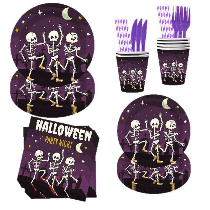 Skull-Themed Halloween Party Kit – Disposable Plates, Bunting & Tablecloth for Creepy Celebrations, Fast Shipping (10-Piece Set, 7″/9″ Plates, Cups, Napkins, Tablecloth, Bunting, Straws, Cutlery)