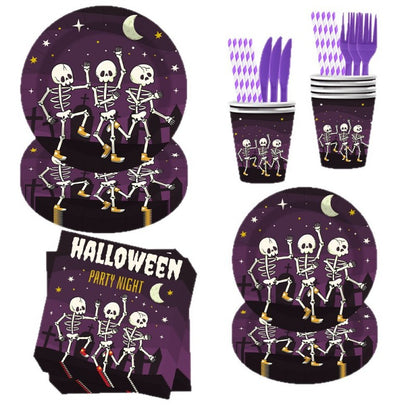 Skull-Themed Halloween Party Kit – Disposable Plates, Bunting & Tablecloth for Creepy Celebrations, Fast Shipping (10-Piece Set, 7″/9″ Plates, Cups, Napkins, Tablecloth, Bunting, Straws, Cutlery)