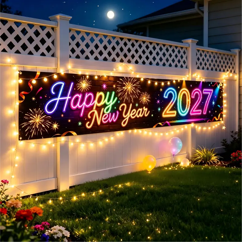 Pre-Lit 2027 NYE Photo Backdrop Banner – Long Fabric Bunting with Integrated Lights, Perfect Fence & Wall Decoration for New Year‘s Eve
