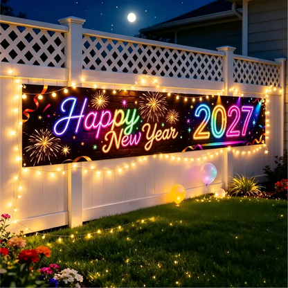 Pre-Lit 2027 NYE Photo Backdrop Banner – Long Fabric Bunting with Integrated Lights, Perfect Fence & Wall Decoration for New Year‘s Eve