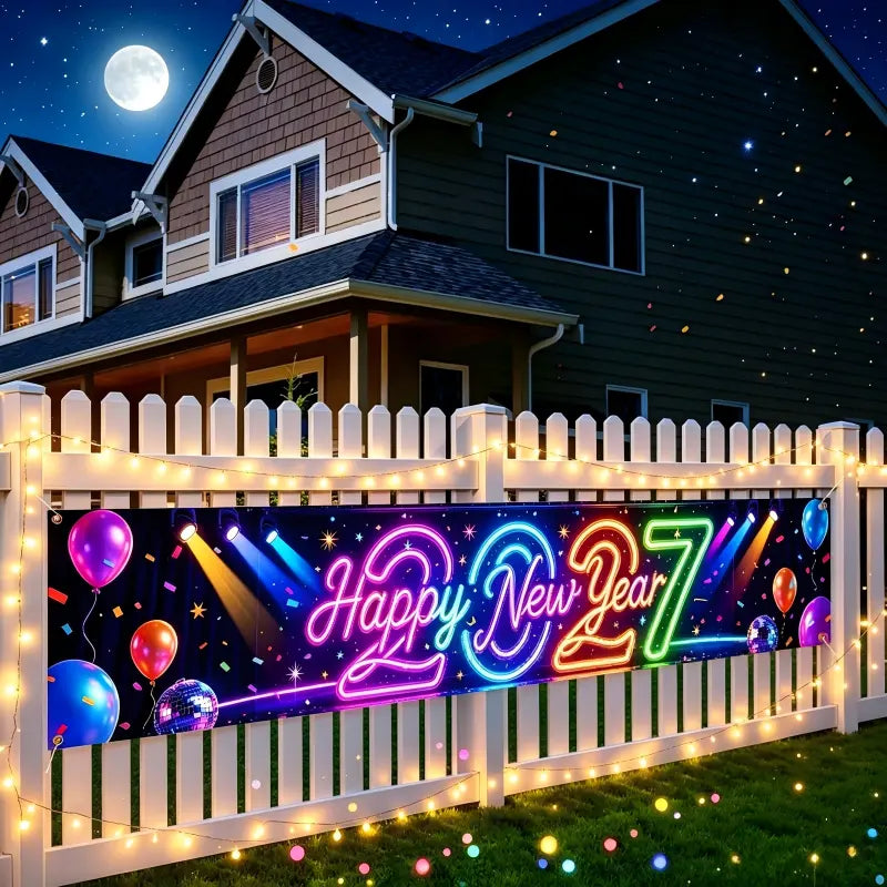 Pre-Lit 2027 NYE Photo Backdrop Banner – Long Fabric Bunting with Integrated Lights, Perfect Fence & Wall Decoration for New Year‘s Eve