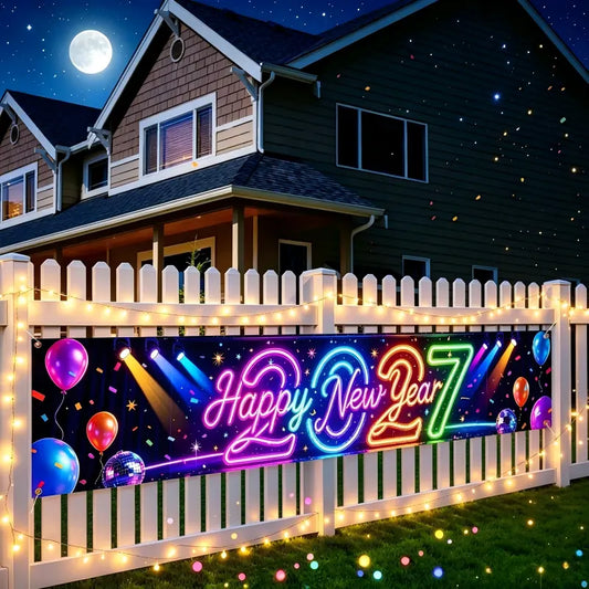 Pre-Lit 2027 NYE Photo Backdrop Banner – Long Fabric Bunting with Integrated Lights, Perfect Fence & Wall Decoration for New Year‘s Eve