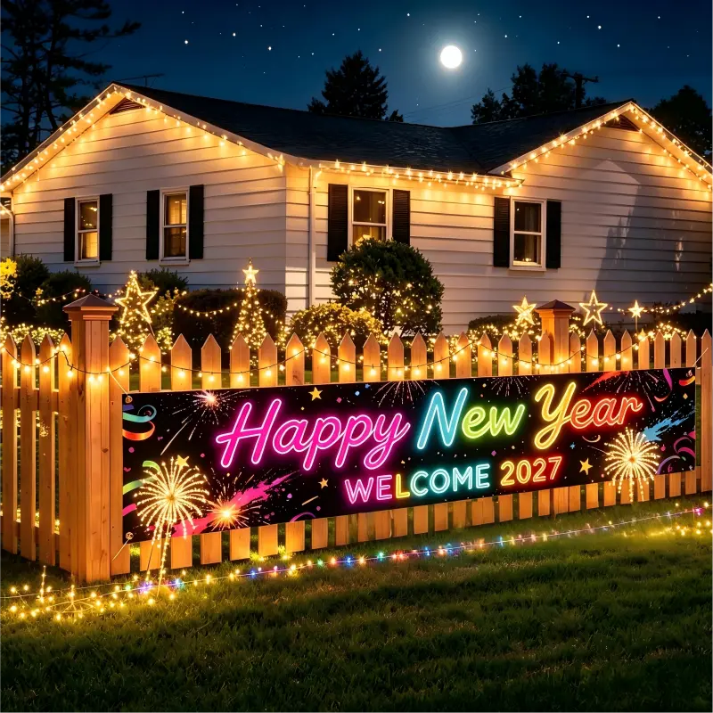Pre-Lit 2027 NYE Photo Backdrop Banner – Long Fabric Bunting with Integrated Lights, Perfect Fence & Wall Decoration for New Year‘s Eve