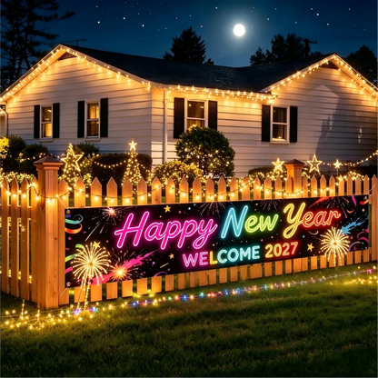 Pre-Lit 2027 NYE Photo Backdrop Banner – Long Fabric Bunting with Integrated Lights, Perfect Fence & Wall Decoration for New Year‘s Eve