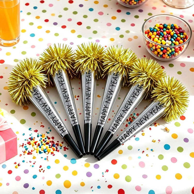 Happy New Year Blowouts with Gold Tassel Fringe Horns, NYE Party Whistles & Noisemakers for 2027 Countdown