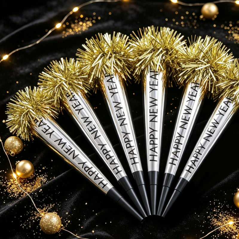 Happy New Year Blowouts with Gold Tassel Fringe Horns, NYE Party Whistles & Noisemakers for 2027 Countdown