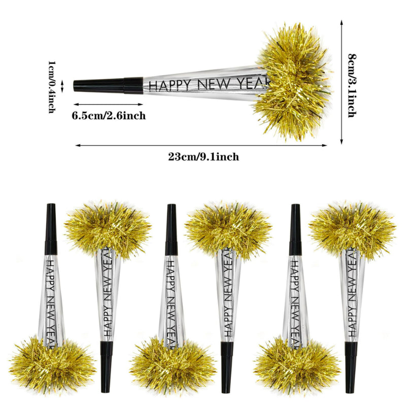 Happy New Year Blowouts with Gold Tassel Fringe Horns, NYE Party Whistles & Noisemakers for 2027 Countdown