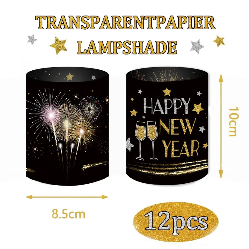 New Year Table Decoration Lantern Shades, Festival Atmosphere Lamp Shades, 12 Pack for Tea Lights, Happy New Year 2027 Party Set