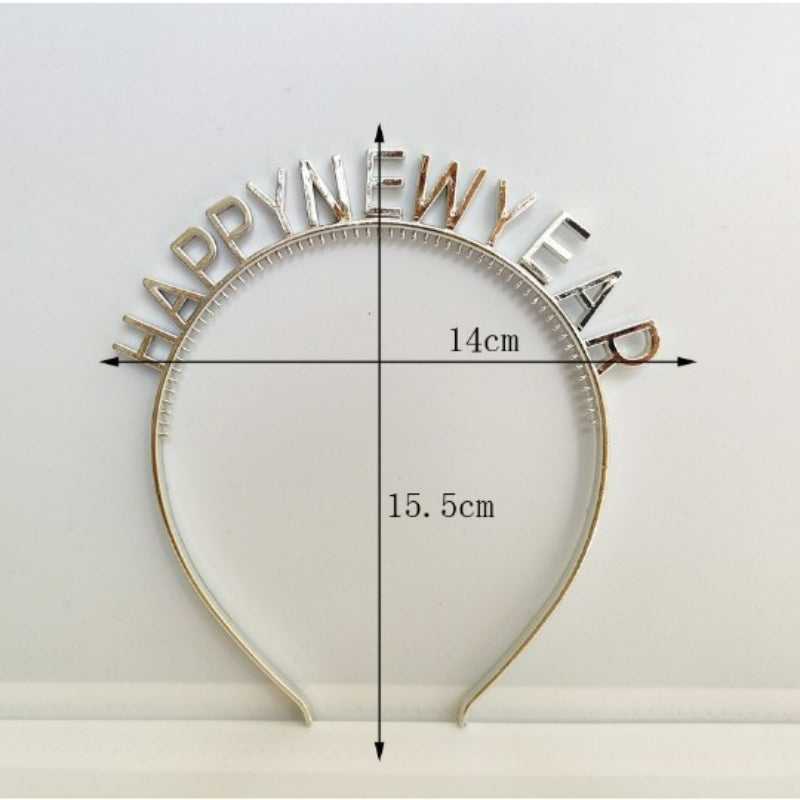 Silver Happy New Year headband with size measurements
