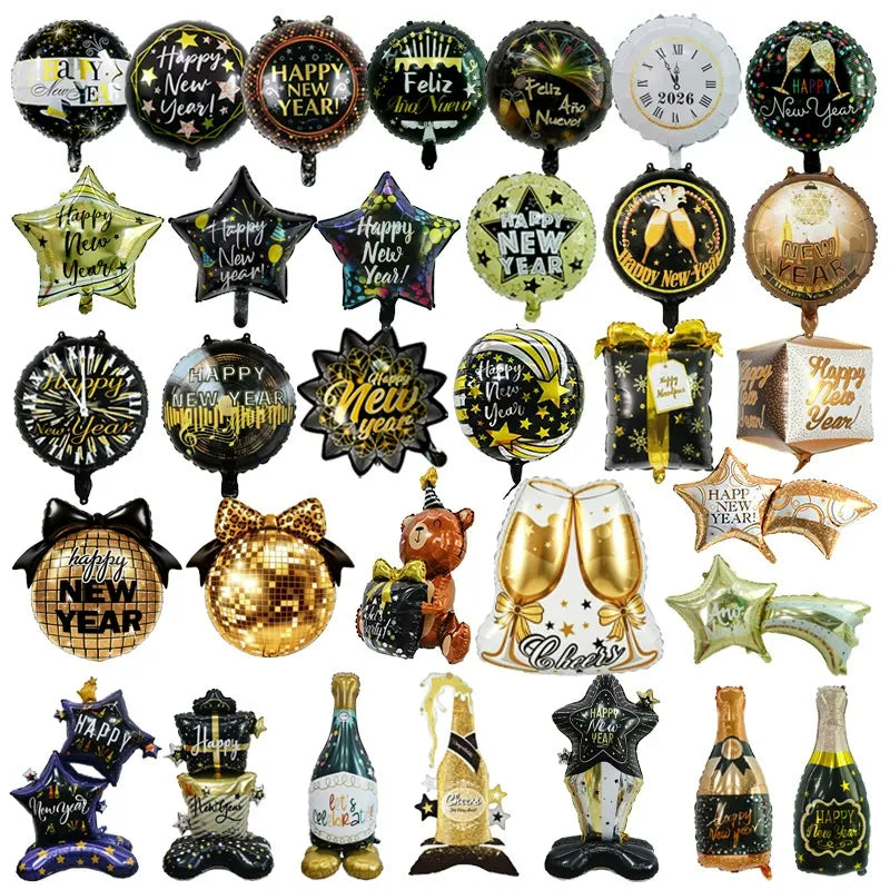 Happy New Year Balloons, Wine Bottle & Meteor Foil Set for Party Decor