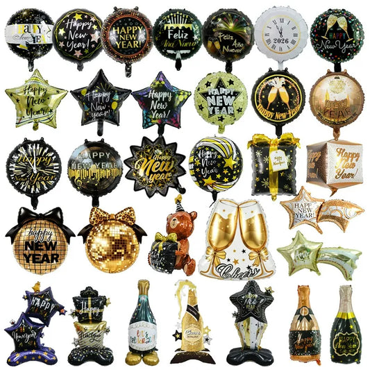 Happy New Year Balloons, Wine Bottle & Meteor Foil Set for Party Decor