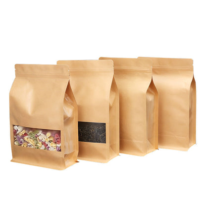 Flat bottom pouch assorted kraft finishes in upright lineup