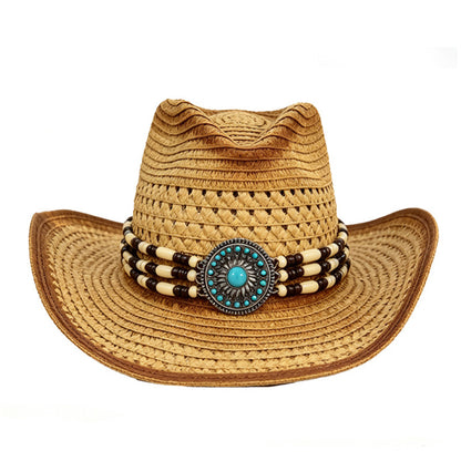 Crochet paper straw western hat featuring wide shapeable rolled brim
