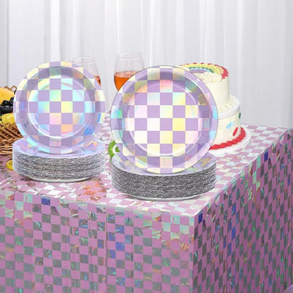 Iridescent Holographic Party Tableware Set – Disposable Rainbow Plates, Cups & Napkins for Birthday, Wedding & Baby Shower Decor