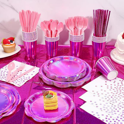 Iridescent Holographic Party Tableware Set – Disposable Rainbow Plates, Cups & Napkins for Birthday, Wedding & Baby Shower Decor