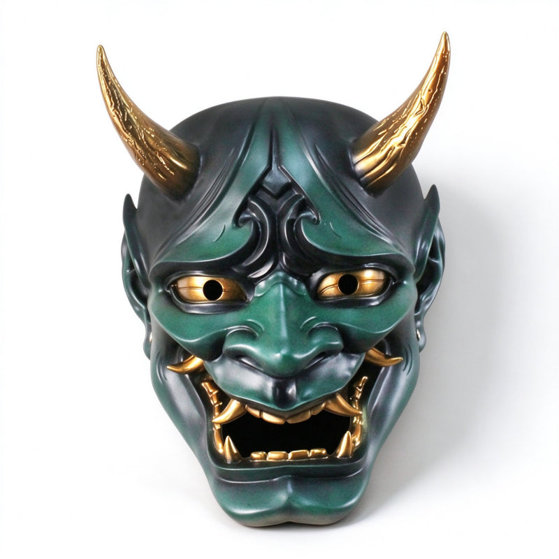 Japanese Hannya mask forest green demon metallic gold horns