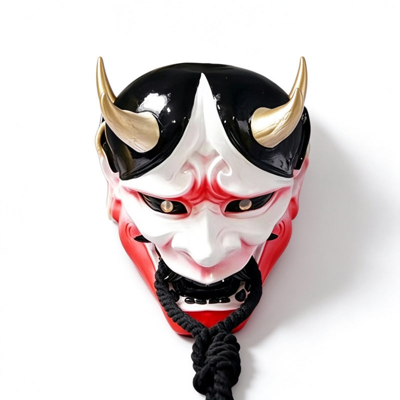 Japanese Hannya mask sealed white mouth with hanging tassels