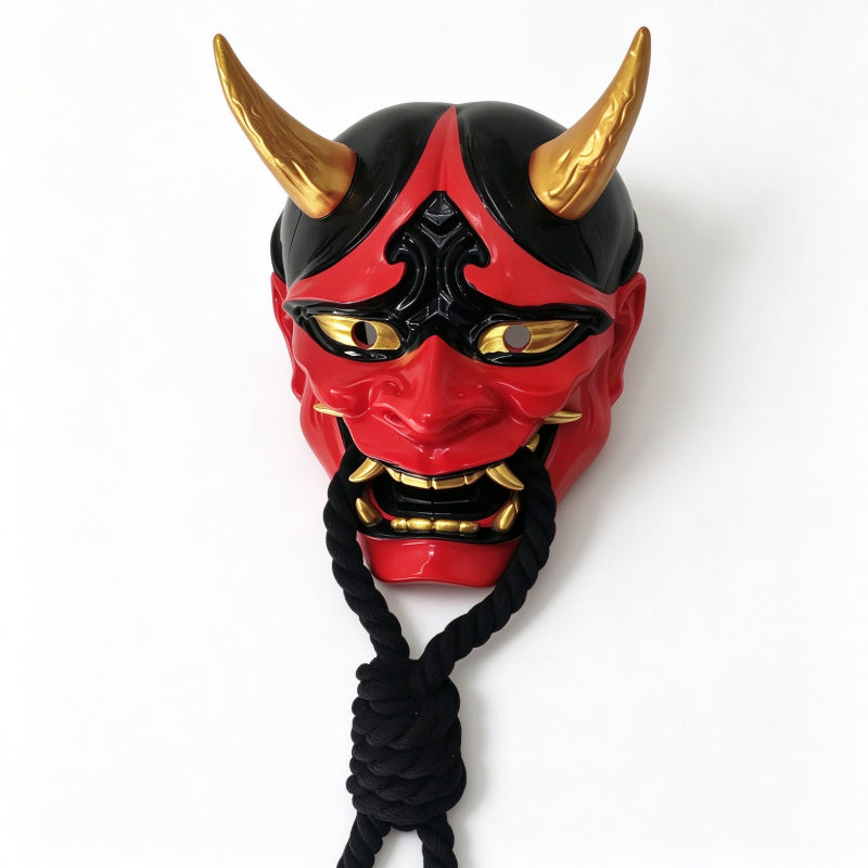 Japanese Hannya mask sealed red mouth with hanging tassels
