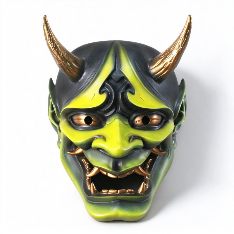 Japanese Hannya mask golden yellow demon metallic gold horns