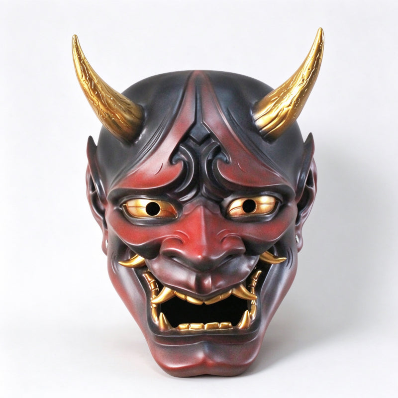 Japanese Hannya mask crimson red demon metallic gold horns