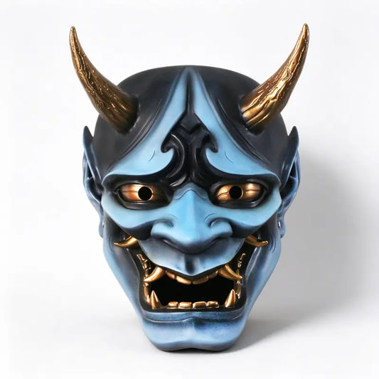 Japanese Hannya mask sky blue demon metallic gold horns