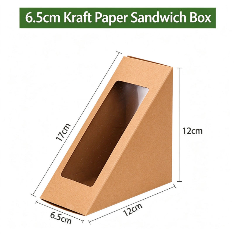 Sandwich wedge box 6.5cm width kraft finish with printed dimension callouts