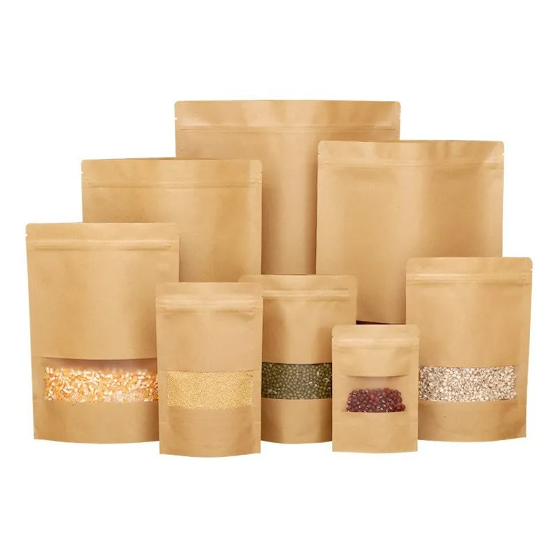 Kraft stand-up pouch natural brown multi-size lineup with horizontal clear viewing windows and zip seals
