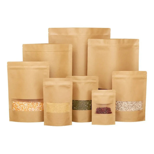 Kraft stand-up pouch natural brown multi-size lineup with horizontal clear viewing windows and zip seals