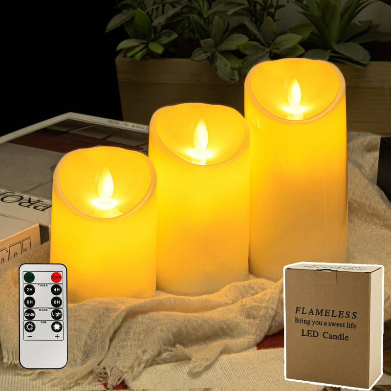 LED pillar candle 7.5 cm diameter moving flame 3-piece set with remote control