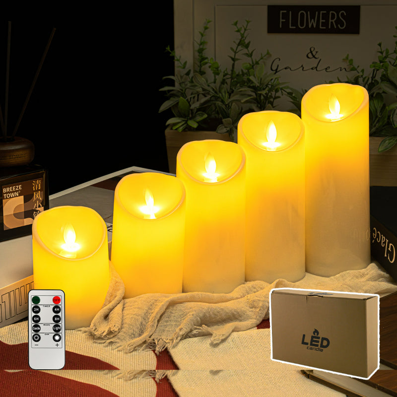 LED pillar candle 7.5 cm diameter moving flame 5-piece set with remote control