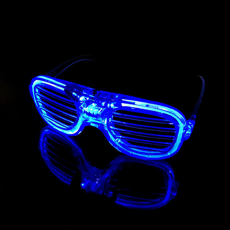 LED shutter glasses blue neon glow angled perspective view