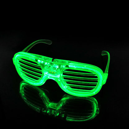 LED shutter glasses green neon glow angled perspective view
