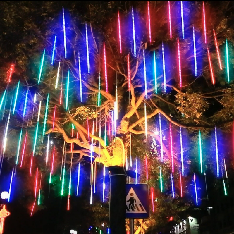 LED meteor shower light multicolor cascading tree canopy installation
