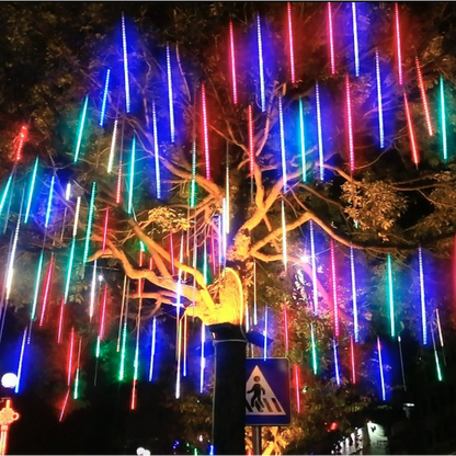 LED meteor shower light multicolor cascading tree canopy installation