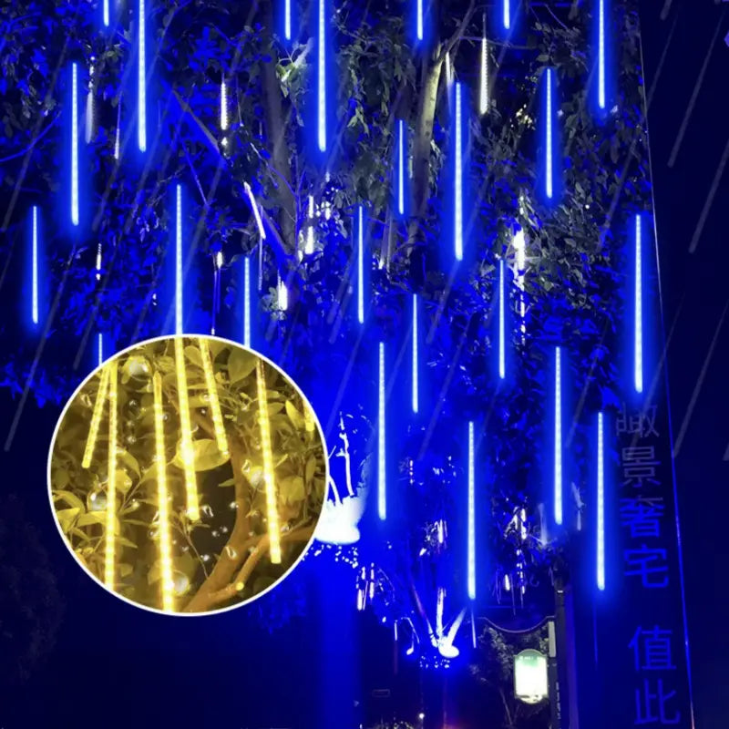 LED meteor shower light blue cascading hanging tubes display