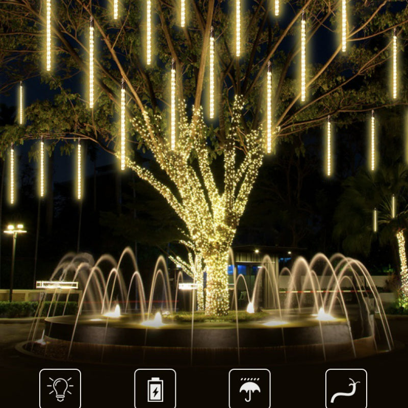 LED meteor shower light warm white cascading tree illumination