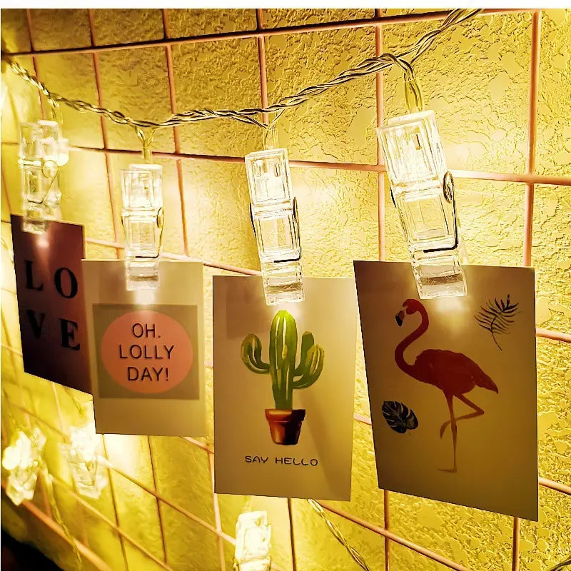 LED photo clip string light wire grid panel mount view