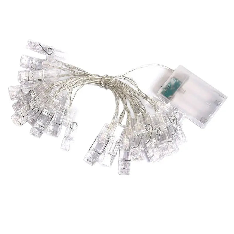 LED photo clip string light coiled strand with battery pack