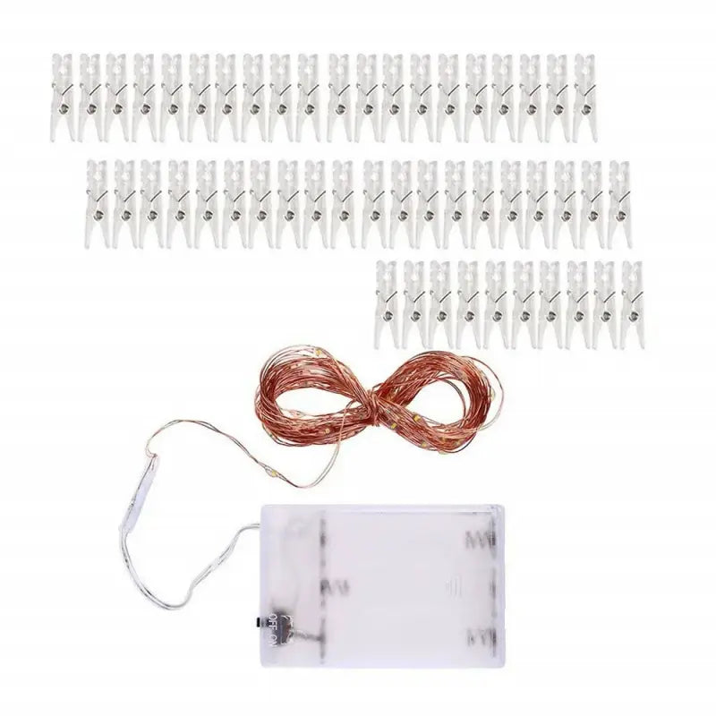 LED photo clip string light coiled wire and clips layout
