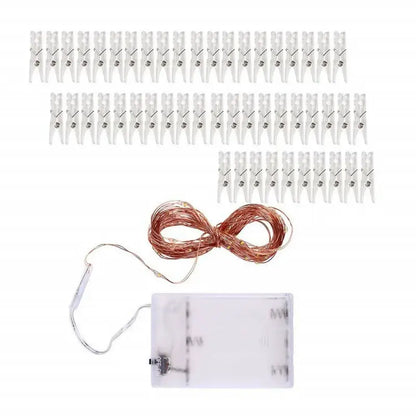 LED photo clip string light coiled wire and clips layout
