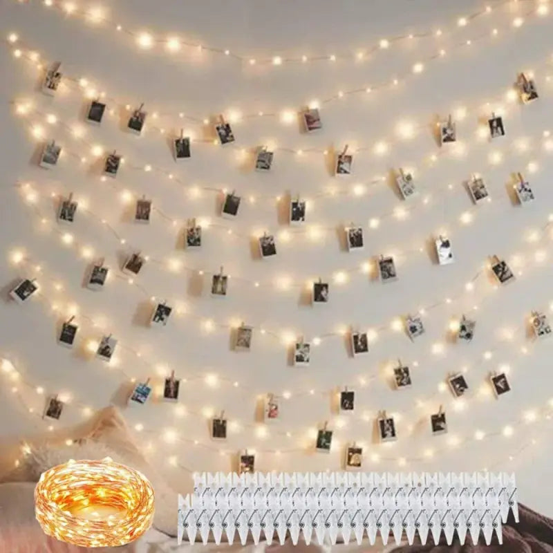 LED photo clip string light dense warm white wall backdrop