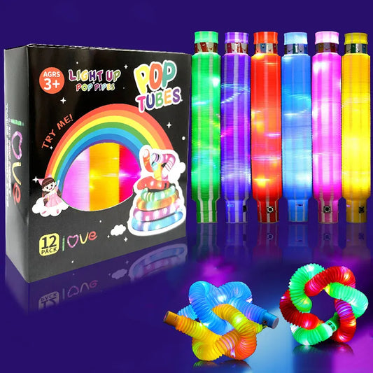LED Pop Tubes Fidget Toys, Glow Sensory Stress Relief Tubes, Telescopic Light-Up Pop Tube Party Favors, Colorful Glow Tubes for Kids Birthday Party Decoration, Color Box Pack