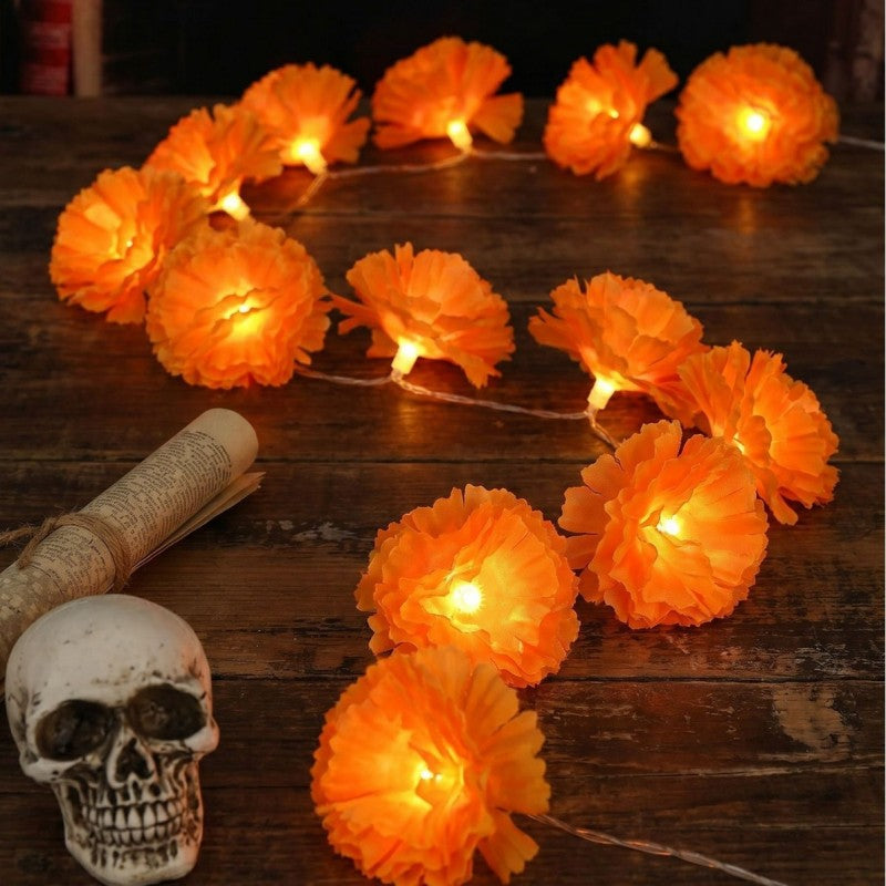 LED Orange Marigold String Lights | Halloween Decoration | 1.5m 10 Lights Battery Operated (Steady On, Warm Orange)
