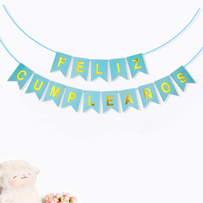 Spanish Happy Birthday Banner – Foil Stamped Fish Tail Pennant Garland, Gold Lettering Party Bunting for Spanish Celebration Decor