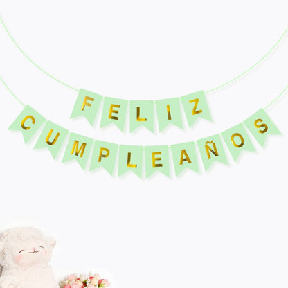 Spanish Happy Birthday Banner – Foil Stamped Fish Tail Pennant Garland, Gold Lettering Party Bunting for Spanish Celebration Decor