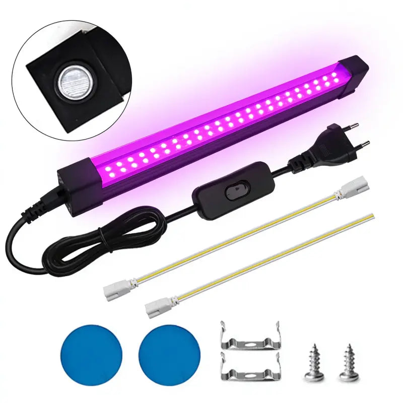 UV black light bar illuminated purple with mounting hardware